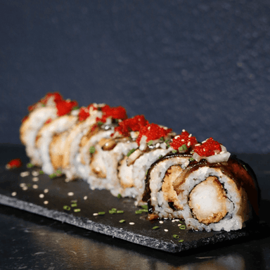 #3 Uramaki: Shrimp tempura, charred eel, tobiko